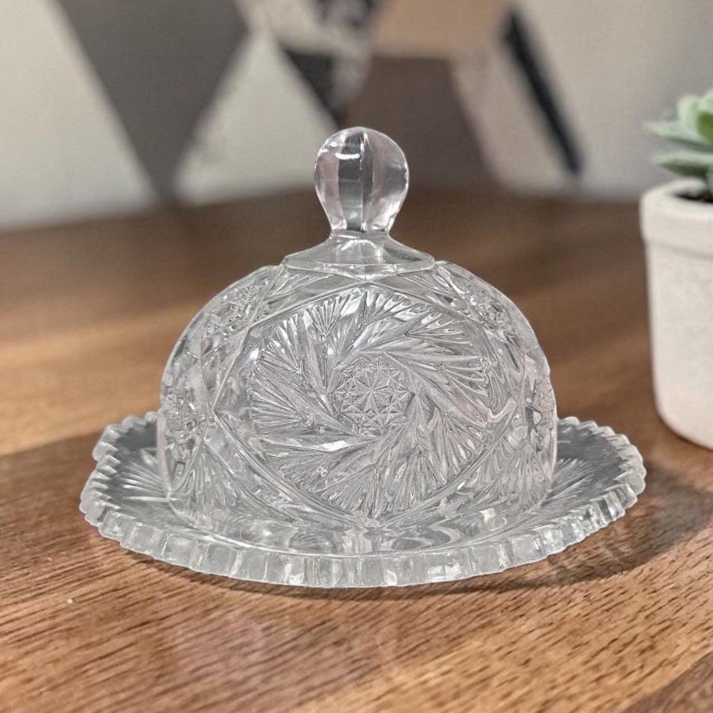 EAPG Cambridge Glass Co. Butter Dish, Vintage Buzz Saw Pattern, Cheese Plate